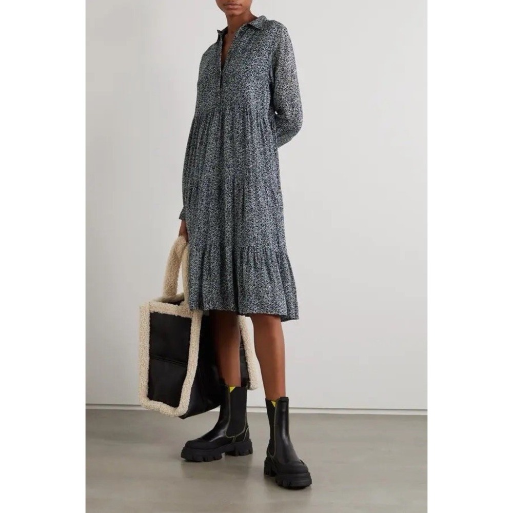 GANNI Tiered Floral Georgette Midi Shirt Long‎ Sleeve Dress Sz 40 in Blue/Gray